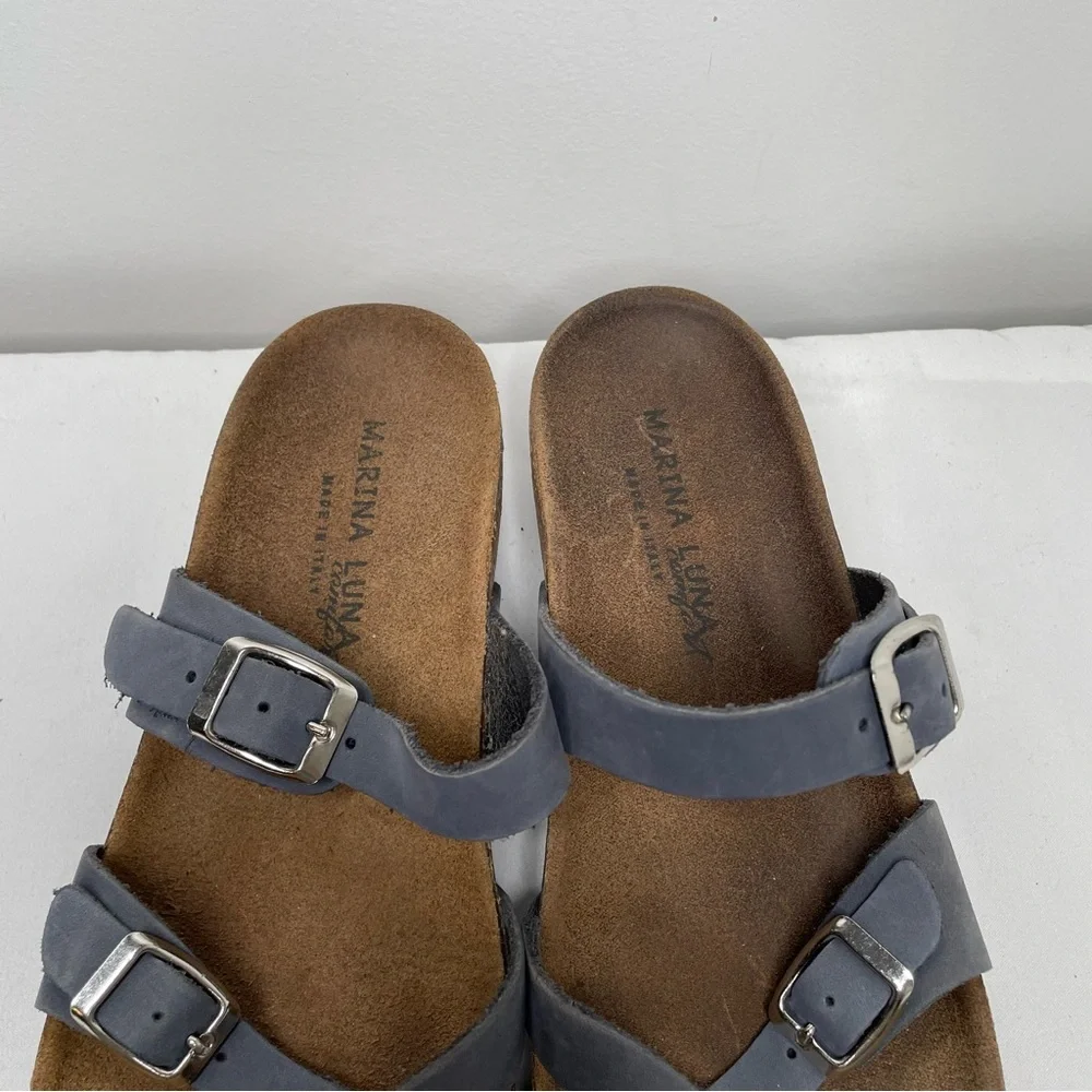 Marina Luna Comfort Blue Suede Leather Triple Buckle Strap Sandals Size 8